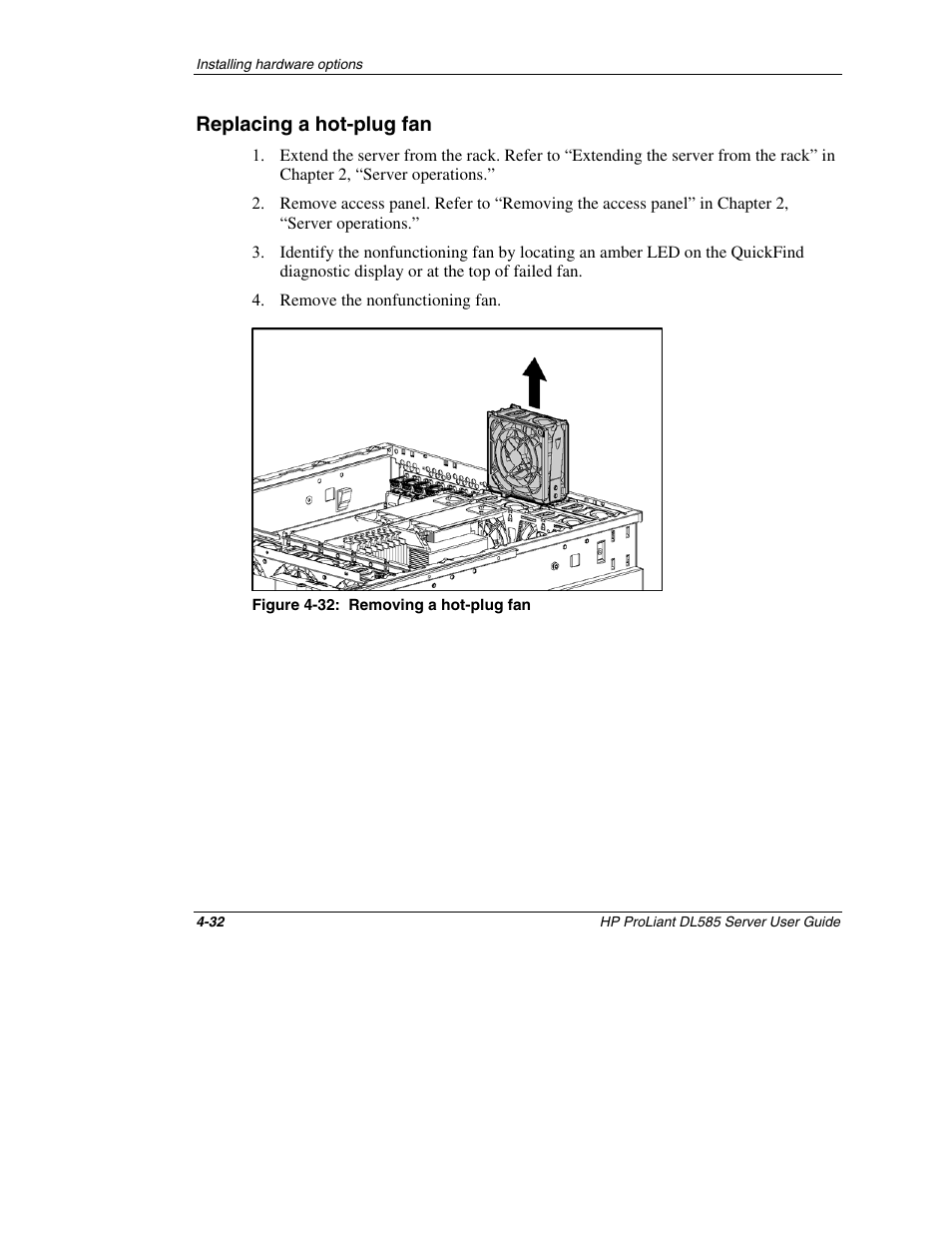 Replacing a hot-plug fan, Replacing a hot-plug fan -32 | HP ProLiant DL585 Server User Manual | Page 83 / 183