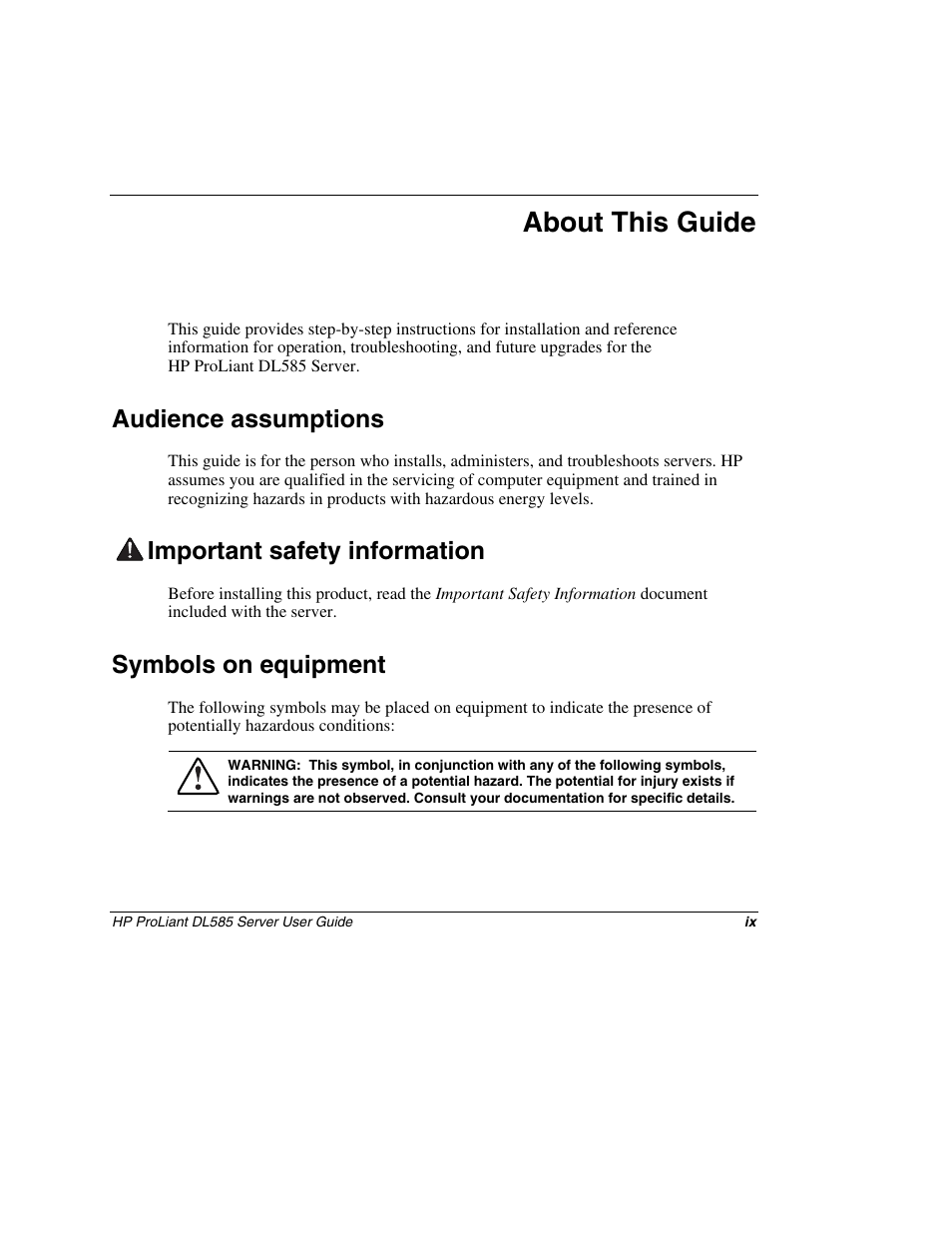 About this guide, Audience assumptions, Important safety information | Symbols on equipment | HP ProLiant DL585 Server User Manual | Page 9 / 183