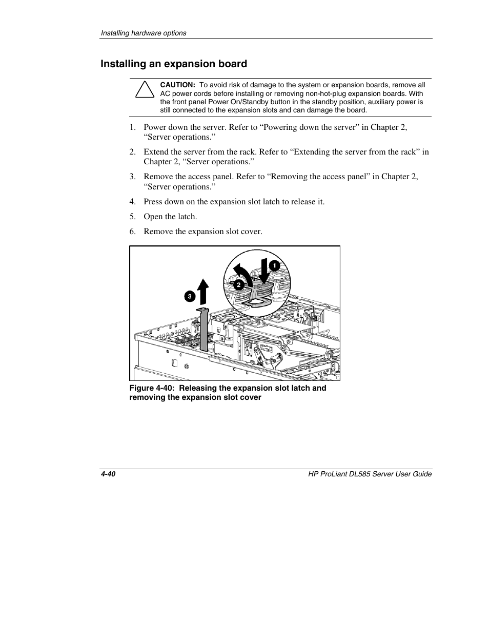 Installing an expansion board, Installing an expansion board -40 | HP ProLiant DL585 Server User Manual | Page 91 / 183