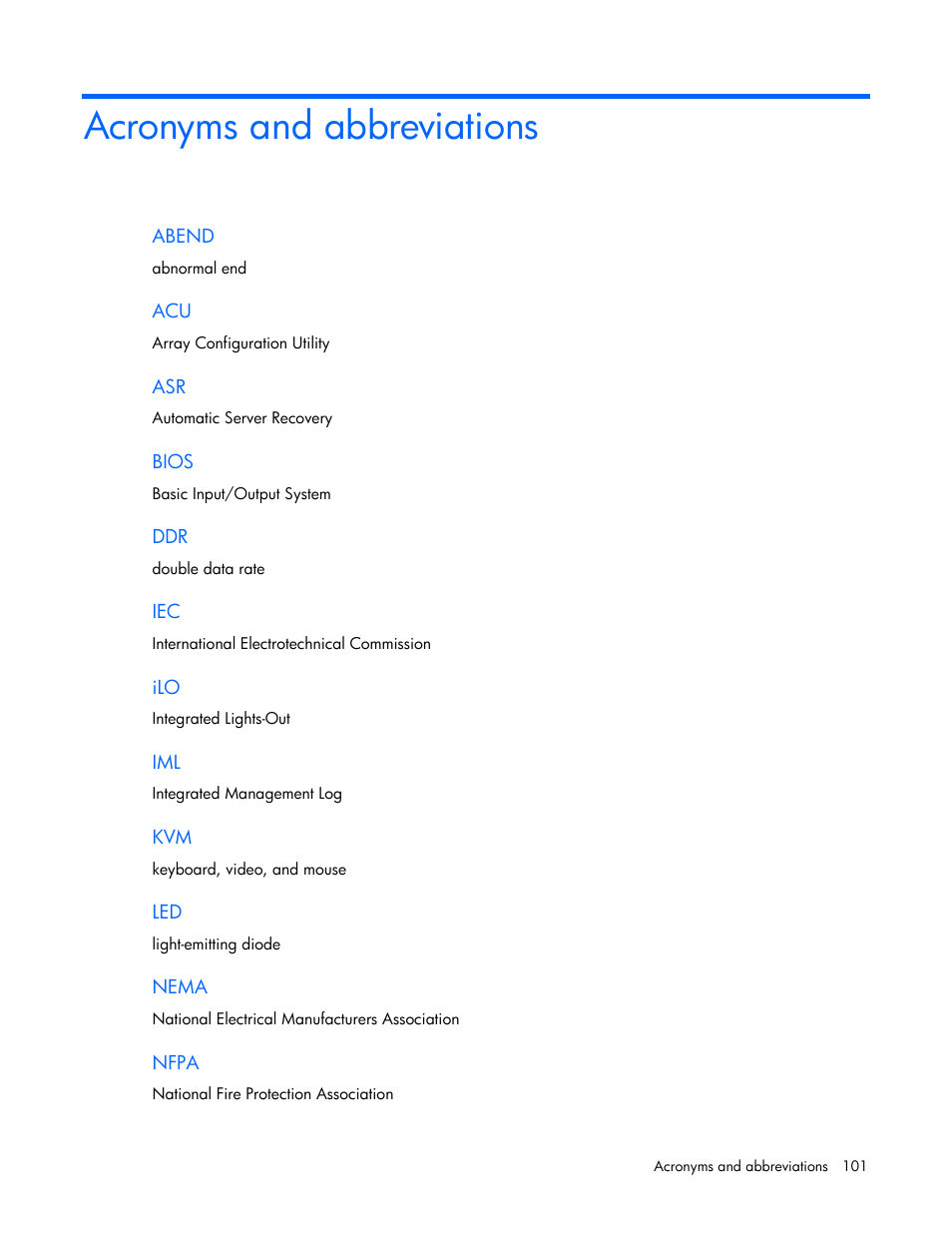 Acronyms and abbreviations | HP ProLiant DL320 G5p Server User Manual | Page 101 / 106