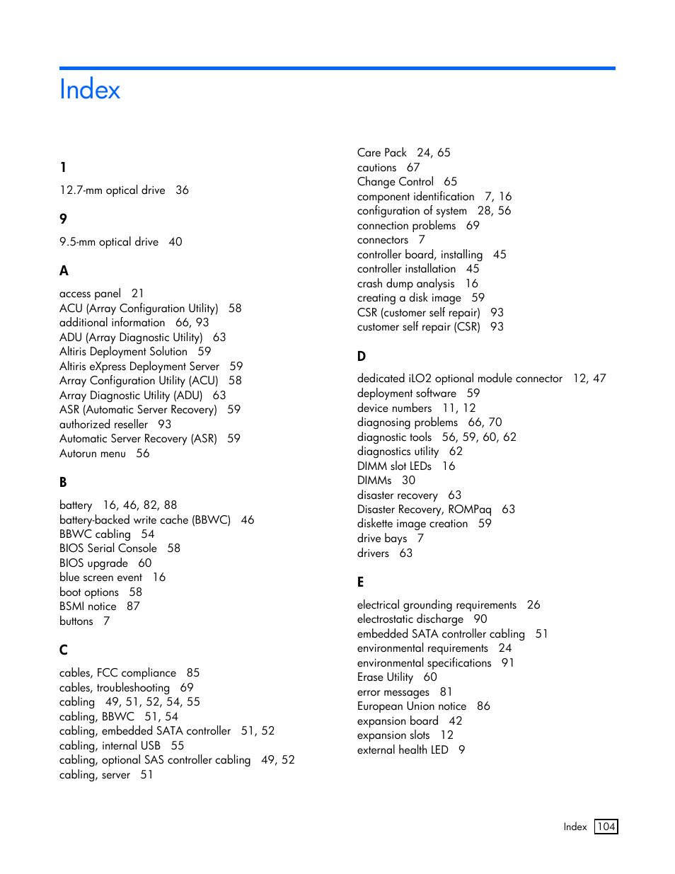 Index | HP ProLiant DL320 G5p Server User Manual | Page 104 / 106