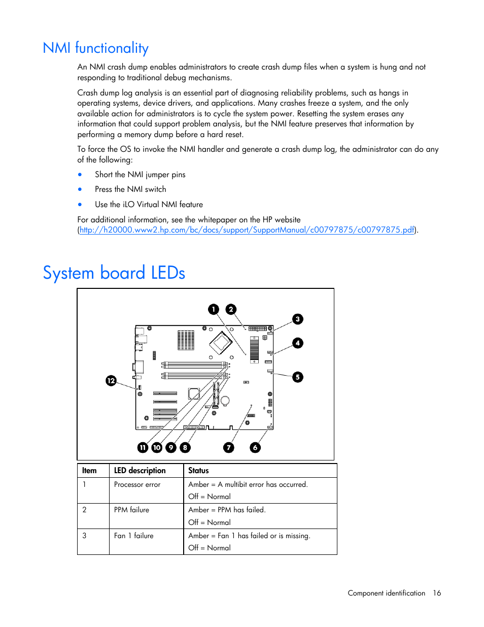 Nmi functionality, System board leds | HP ProLiant DL320 G5p Server User Manual | Page 16 / 106