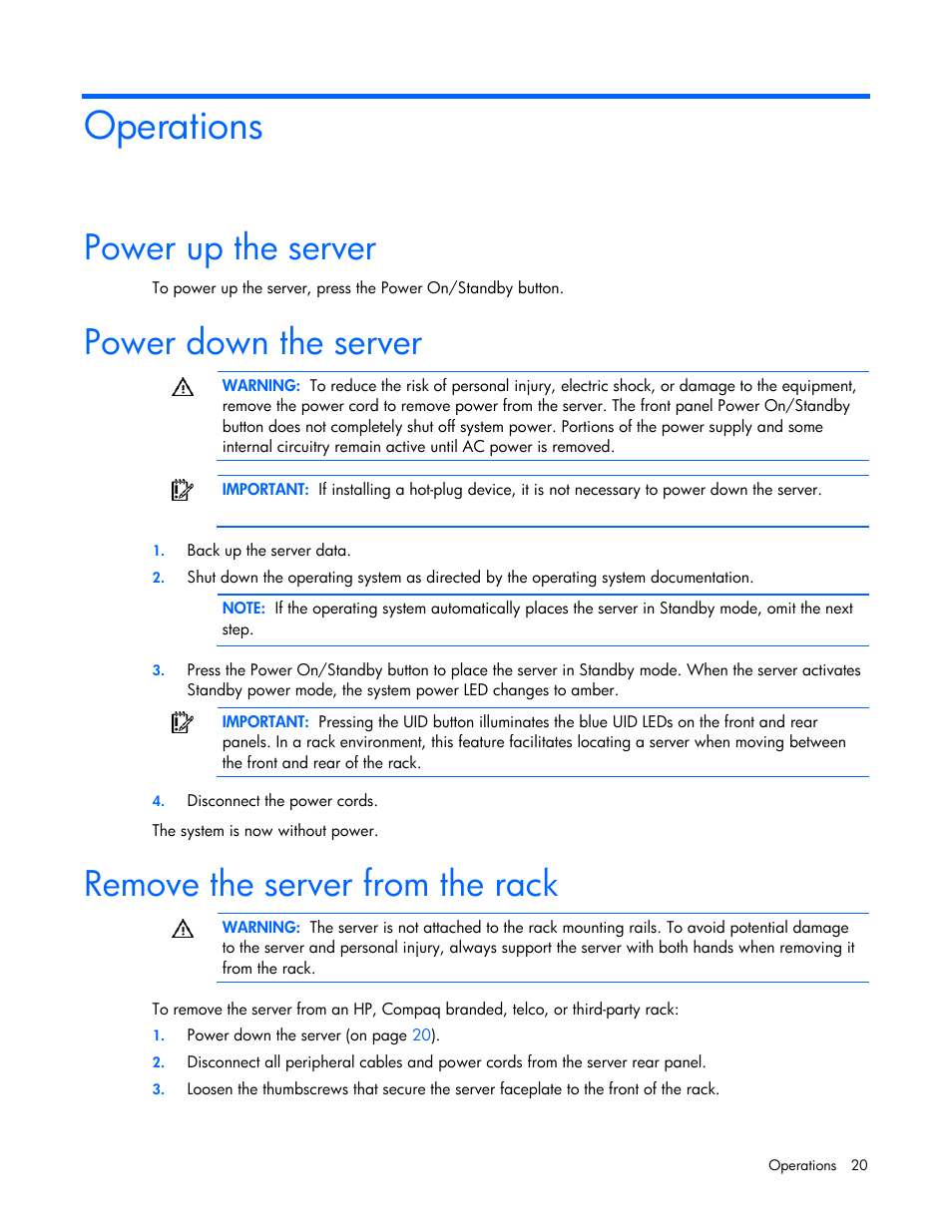 Operations, Power up the server, Power down the server | Remove the server from the rack | HP ProLiant DL320 G5p Server User Manual | Page 20 / 106