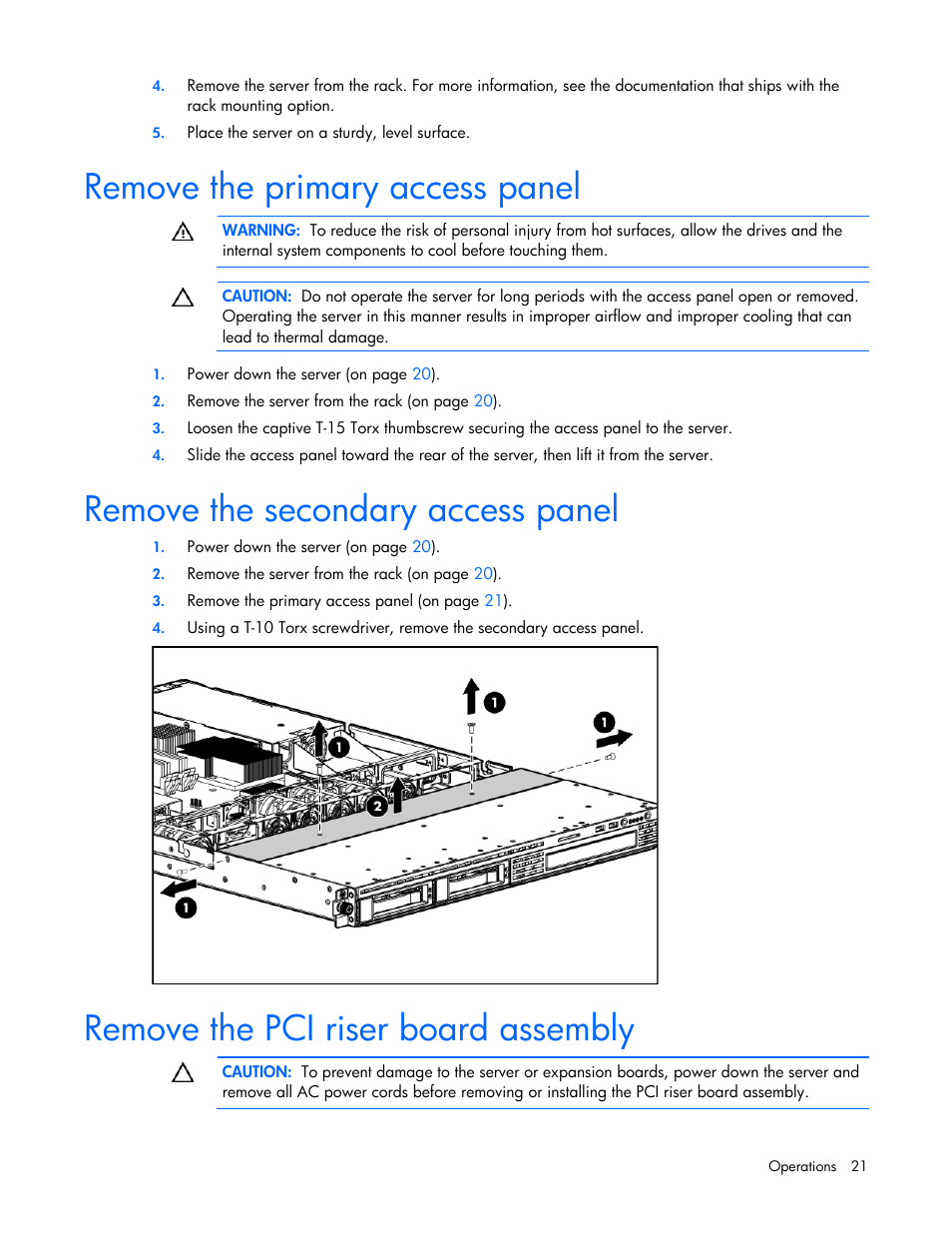 Remove the primary access panel, Remove the secondary access panel, Remove the pci riser board assembly | HP ProLiant DL320 G5p Server User Manual | Page 21 / 106