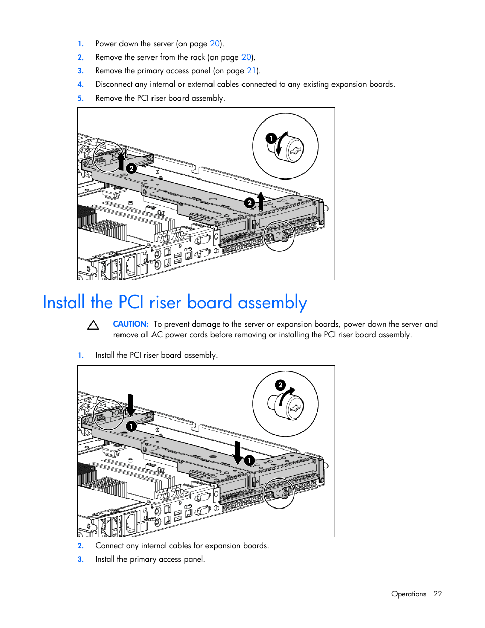 Install the pci riser board assembly | HP ProLiant DL320 G5p Server User Manual | Page 22 / 106