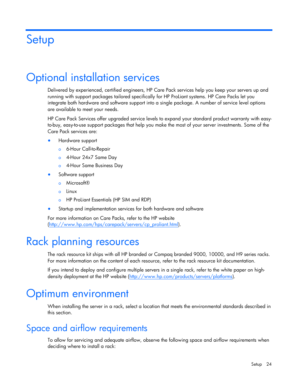 Setup, Optional installation services, Rack planning resources | Optimum environment, Space and airflow requirements | HP ProLiant DL320 G5p Server User Manual | Page 24 / 106