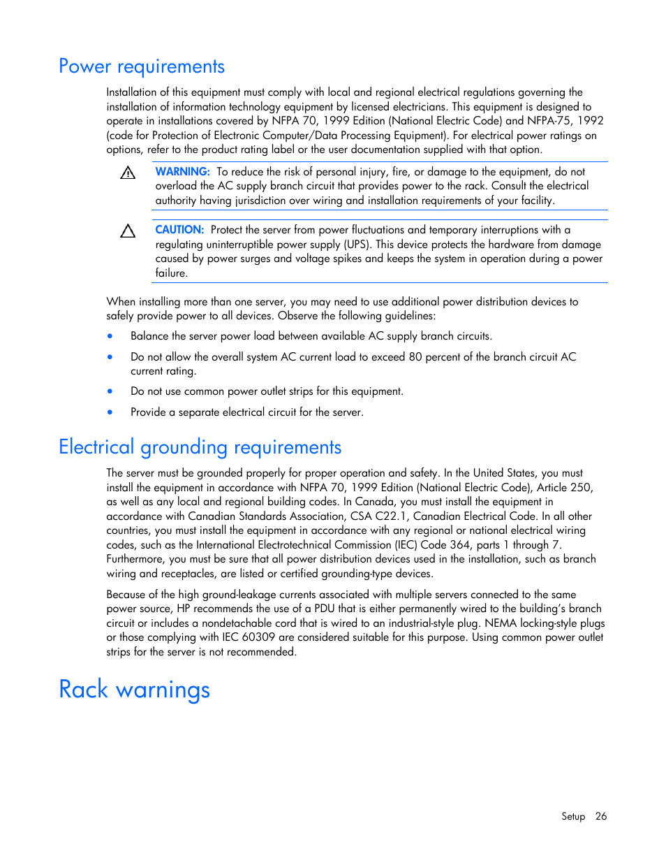 Power requirements, Electrical grounding requirements, Rack warnings | HP ProLiant DL320 G5p Server User Manual | Page 26 / 106