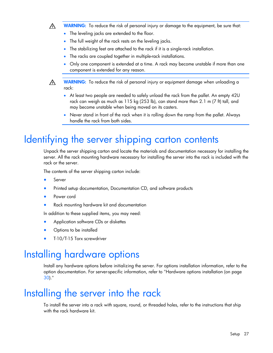 Identifying the server shipping carton contents, Installing hardware options, Installing the server into the rack | HP ProLiant DL320 G5p Server User Manual | Page 27 / 106