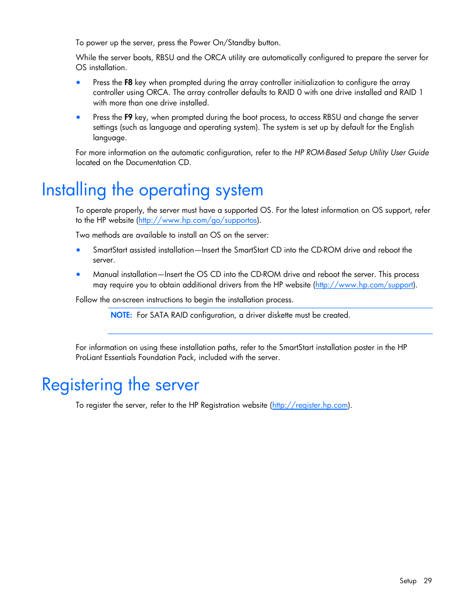 Installing the operating system, Registering the server | HP ProLiant DL320 G5p Server User Manual | Page 29 / 106