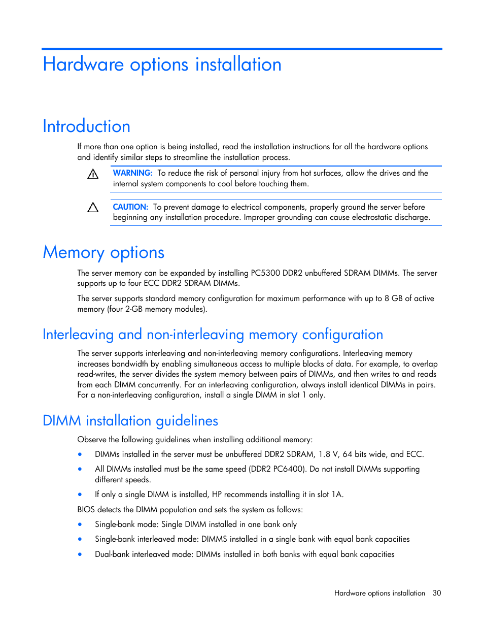 Hardware options installation, Introduction, Memory options | Dimm installation guidelines | HP ProLiant DL320 G5p Server User Manual | Page 30 / 106