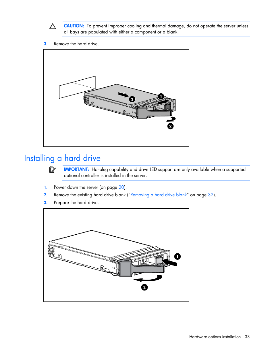 Installing a hard drive | HP ProLiant DL320 G5p Server User Manual | Page 33 / 106