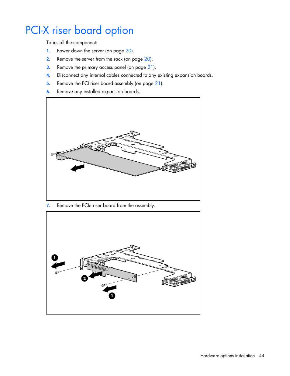 Pci-x riser board option | HP ProLiant DL320 G5p Server User Manual | Page 44 / 106