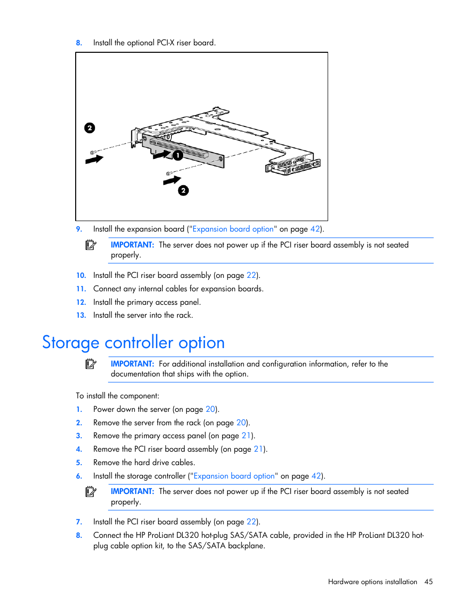 Storage controller option | HP ProLiant DL320 G5p Server User Manual | Page 45 / 106