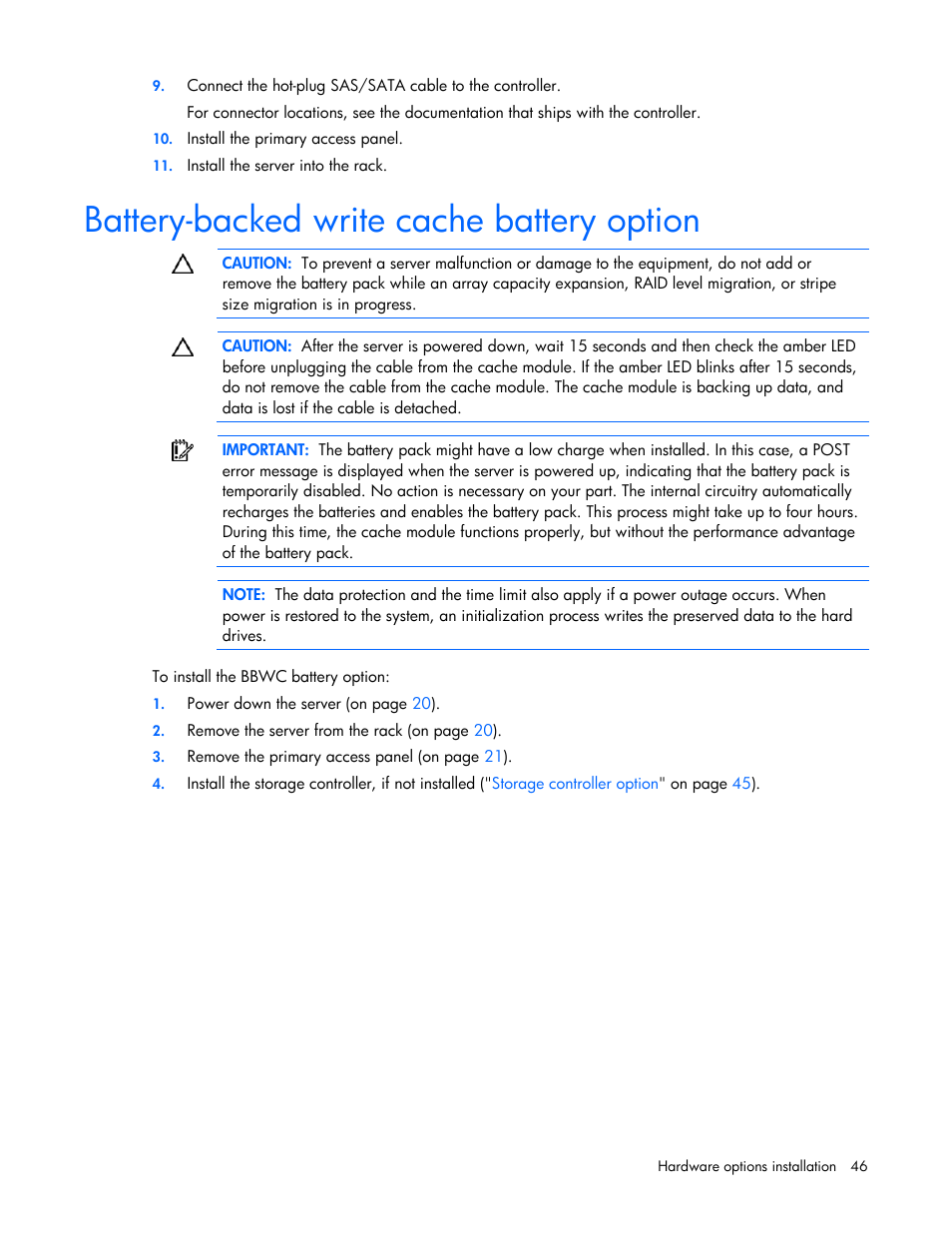 Battery-backed write cache battery option | HP ProLiant DL320 G5p Server User Manual | Page 46 / 106