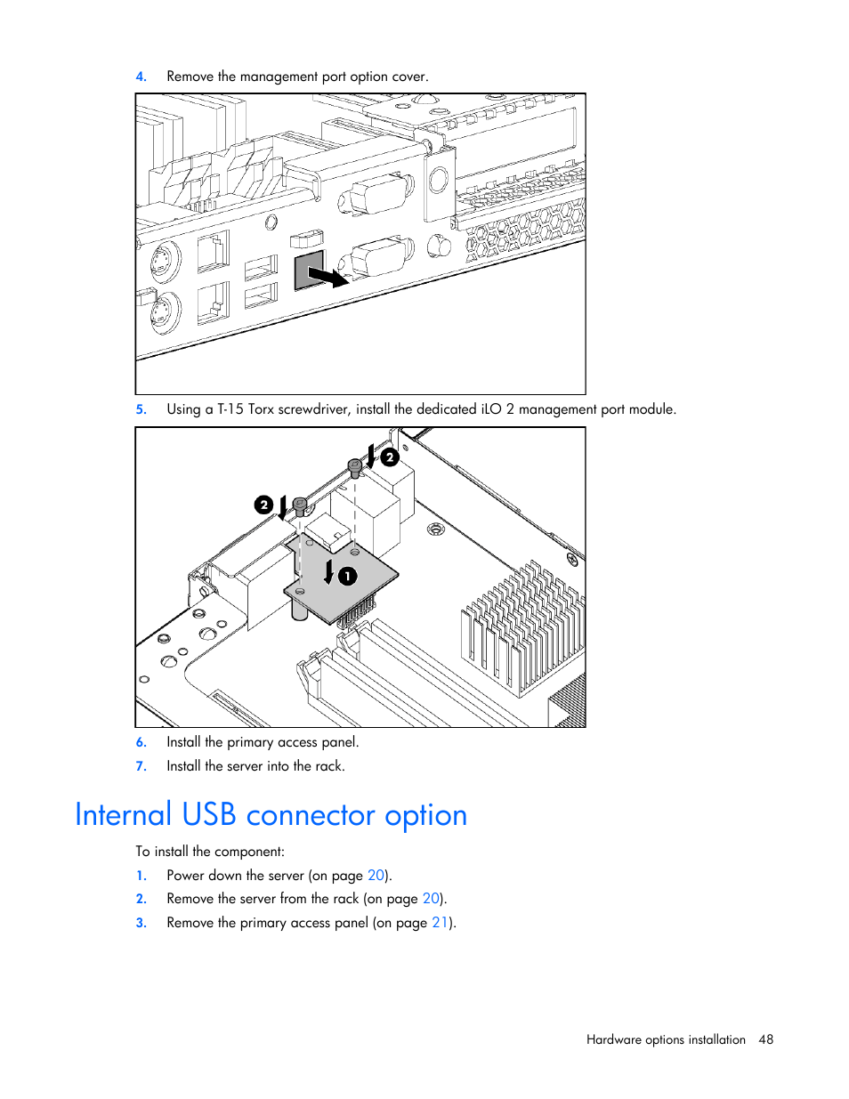 Internal usb connector option | HP ProLiant DL320 G5p Server User Manual | Page 48 / 106