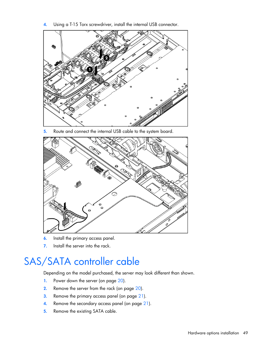 Sas/sata controller cable | HP ProLiant DL320 G5p Server User Manual | Page 49 / 106