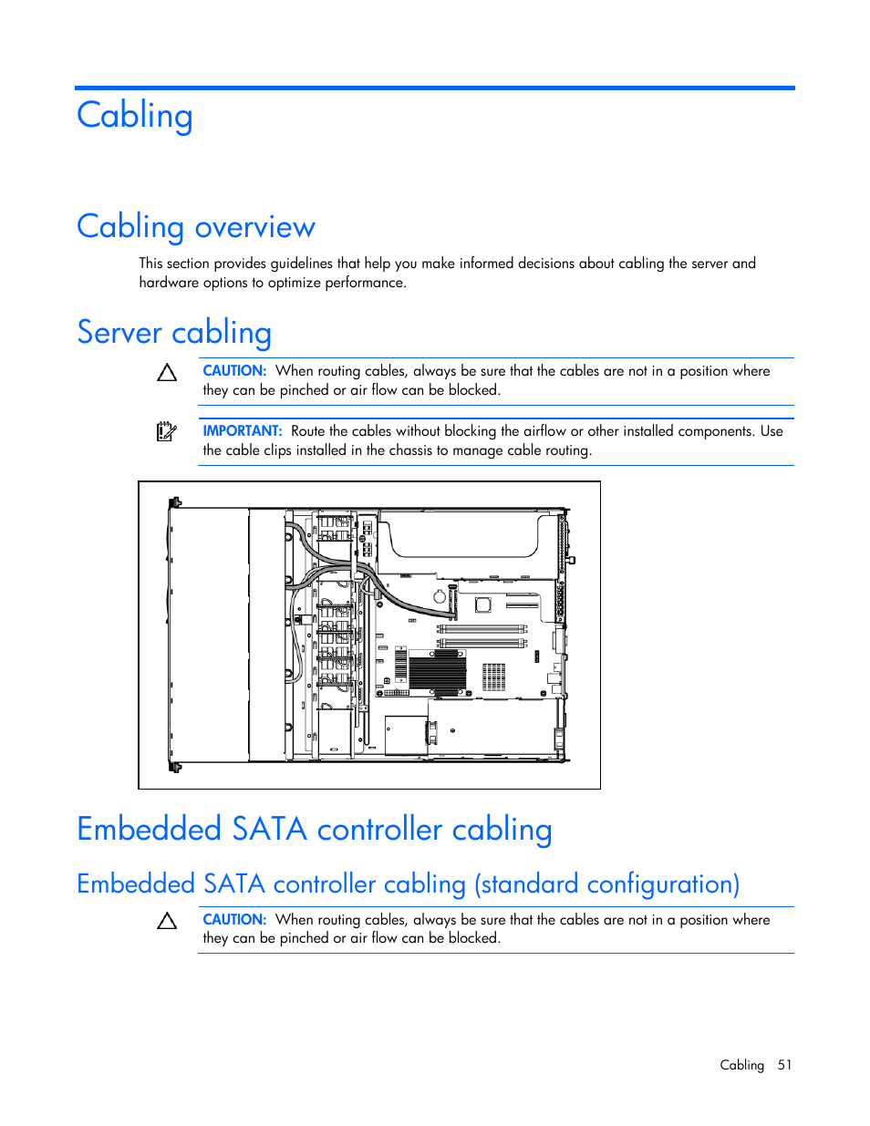 Cabling, Cabling overview, Server cabling | Embedded sata controller cabling | HP ProLiant DL320 G5p Server User Manual | Page 51 / 106