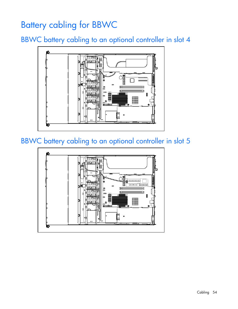 Battery cabling for bbwc, Cable | HP ProLiant DL320 G5p Server User Manual | Page 54 / 106