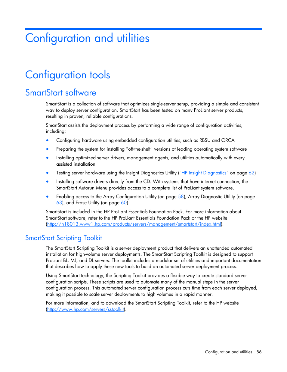 Configuration and utilities, Configuration tools, Smartstart software | Smartstart scripting toolkit | HP ProLiant DL320 G5p Server User Manual | Page 56 / 106