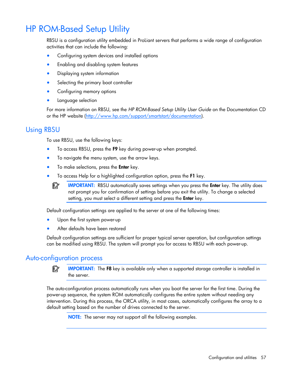 Hp rom-based setup utility, Using rbsu, Auto-configuration process | HP ProLiant DL320 G5p Server User Manual | Page 57 / 106