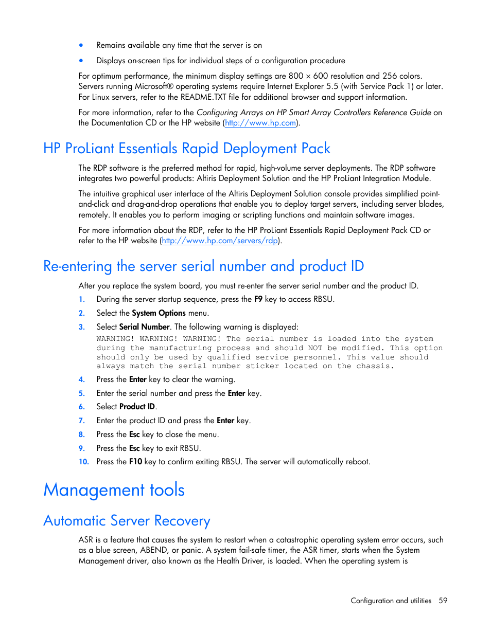 Hp proliant essentials rapid deployment pack, Management tools, Automatic server recovery | HP ProLiant DL320 G5p Server User Manual | Page 59 / 106