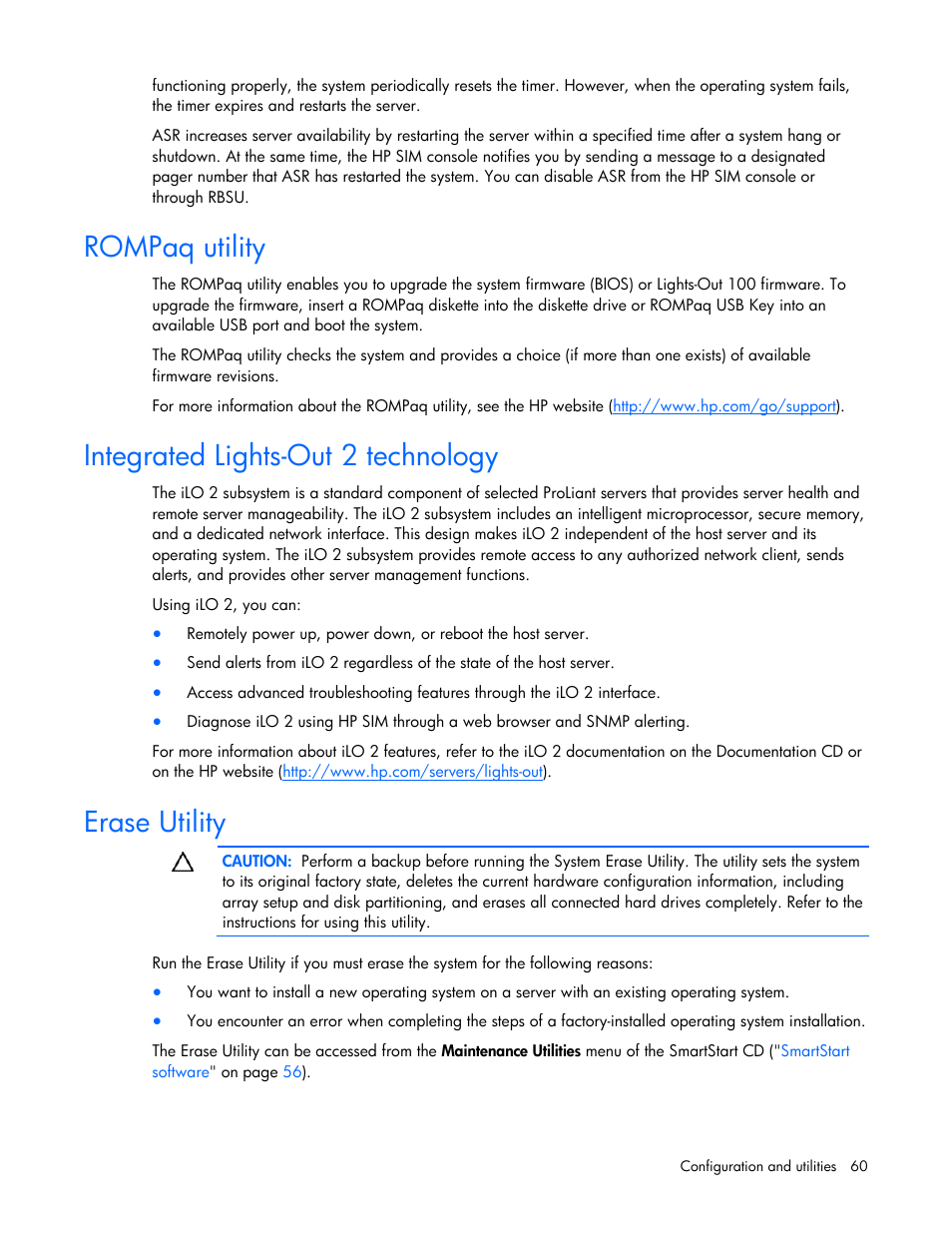 Rompaq utility, Integrated lights-out 2 technology, Erase utility | HP ProLiant DL320 G5p Server User Manual | Page 60 / 106