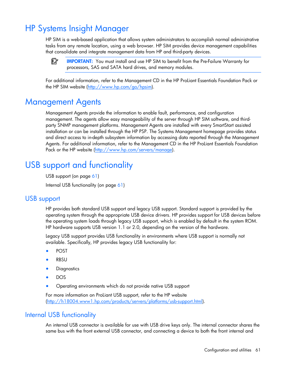 Hp systems insight manager, Management agents, Usb support and functionality | Usb support, Internal usb functionality | HP ProLiant DL320 G5p Server User Manual | Page 61 / 106