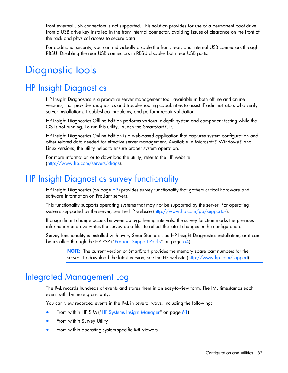 Diagnostic tools, Hp insight diagnostics, Hp insight diagnostics survey functionality | Integrated management log, S utility | HP ProLiant DL320 G5p Server User Manual | Page 62 / 106