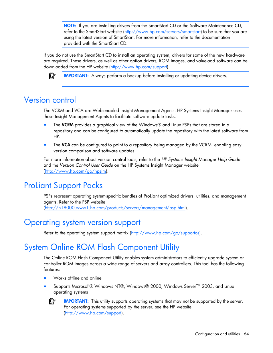 Version control, Proliant support packs, Operating system version support | System online rom flash component utility, H the hp psp | HP ProLiant DL320 G5p Server User Manual | Page 64 / 106