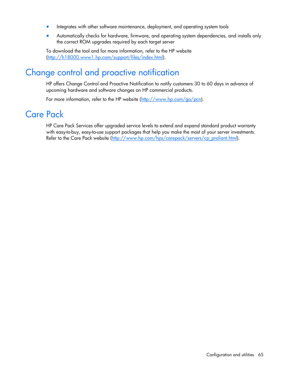 Change control and proactive notification, Care pack | HP ProLiant DL320 G5p Server User Manual | Page 65 / 106