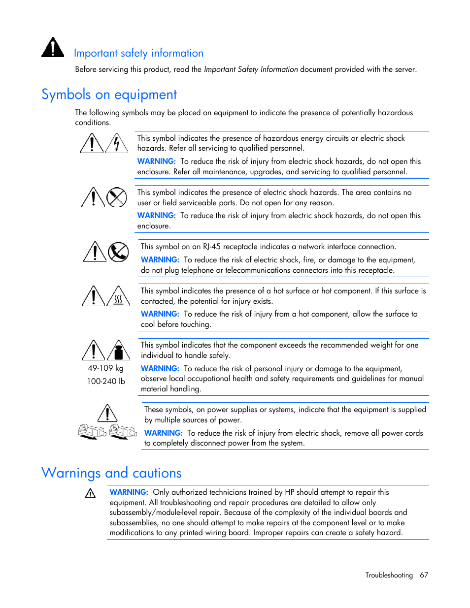 Symbols on equipment, Warnings and cautions, Important safety information | HP ProLiant DL320 G5p Server User Manual | Page 67 / 106