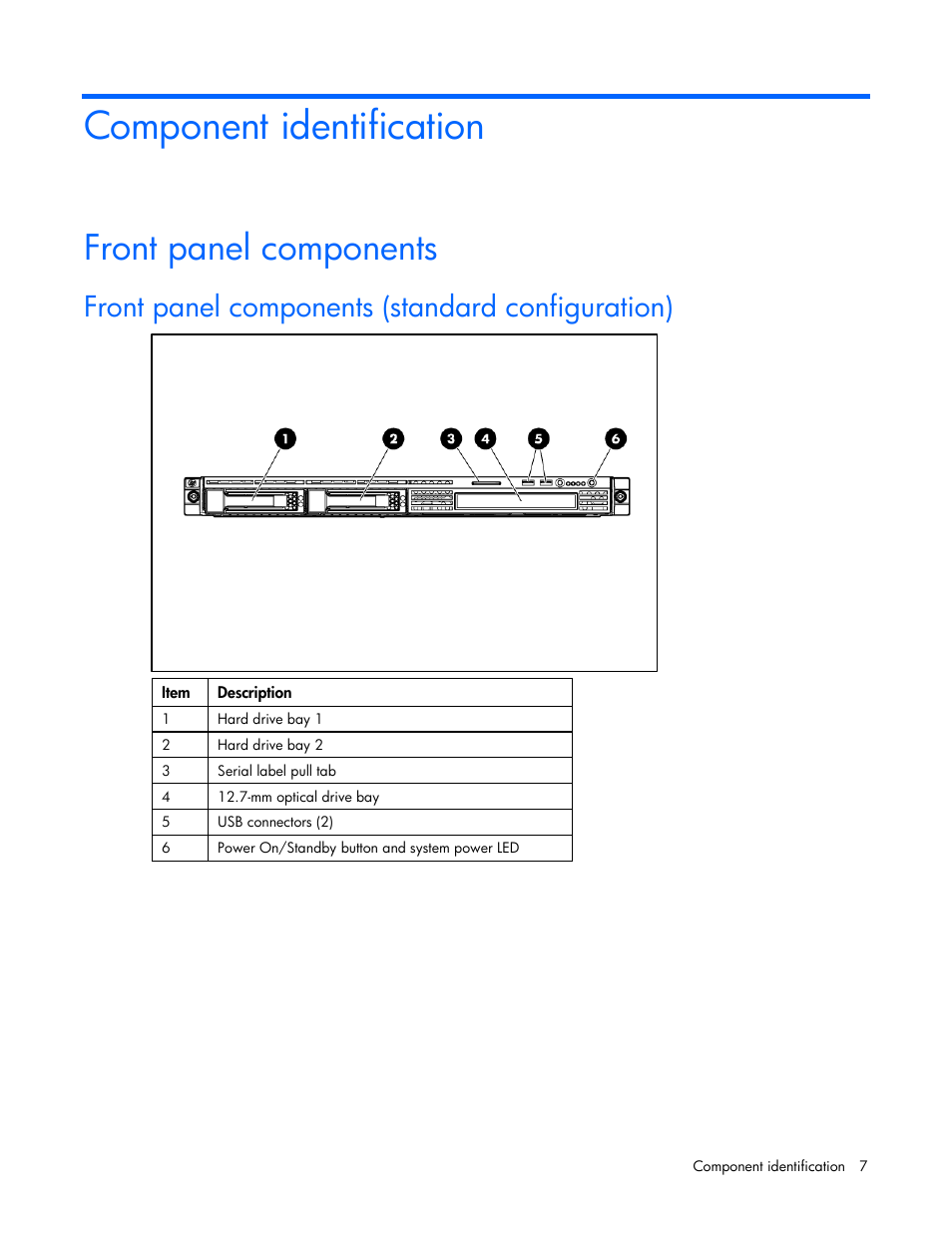 Component identification, Front panel components, Front panel components (standard configuration) | HP ProLiant DL320 G5p Server User Manual | Page 7 / 106