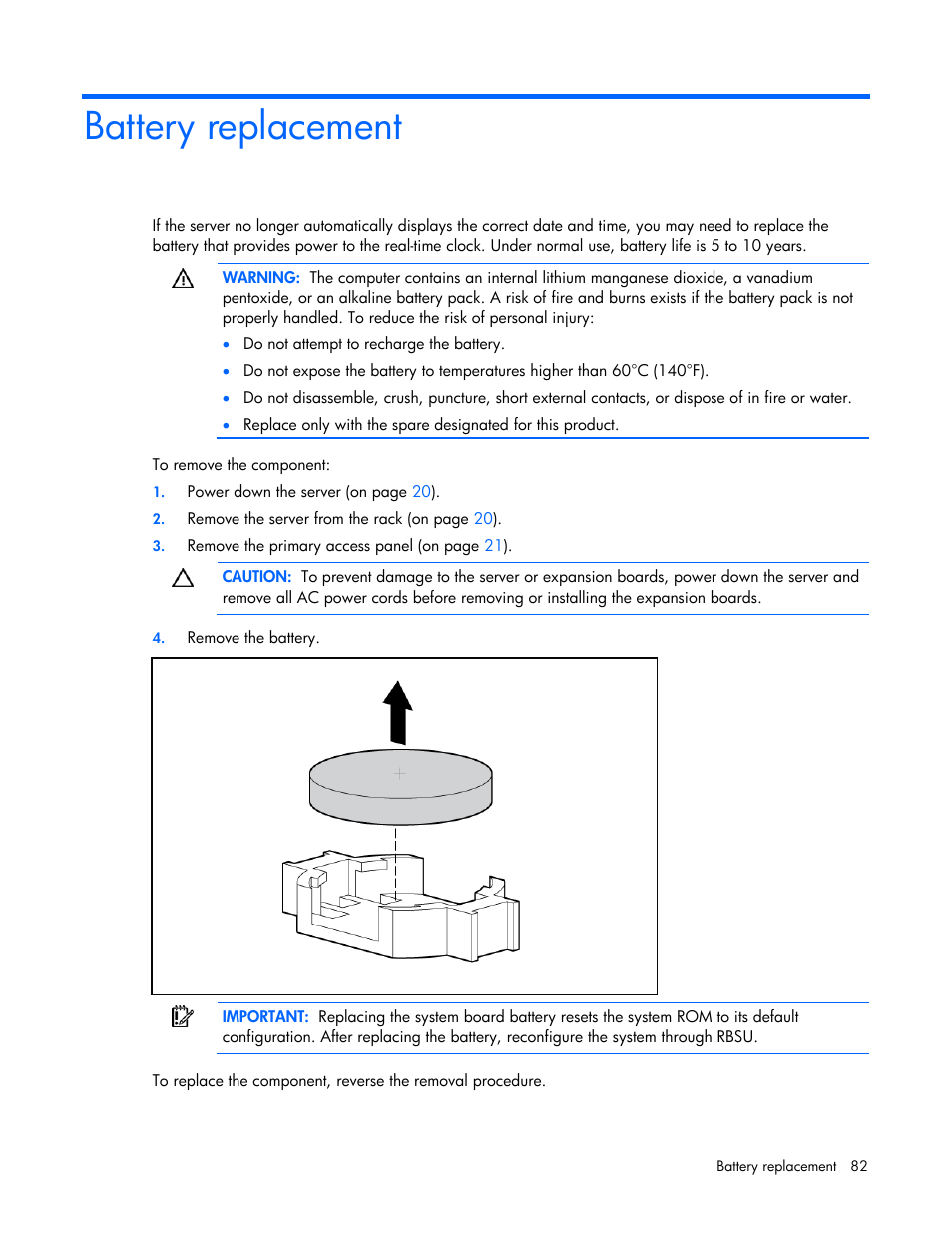 Battery replacement | HP ProLiant DL320 G5p Server User Manual | Page 82 / 106