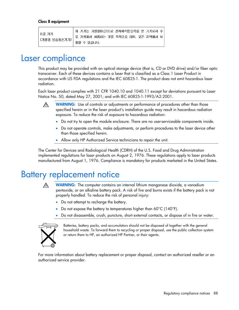 Laser compliance, Battery replacement notice | HP ProLiant DL320 G5p Server User Manual | Page 88 / 106