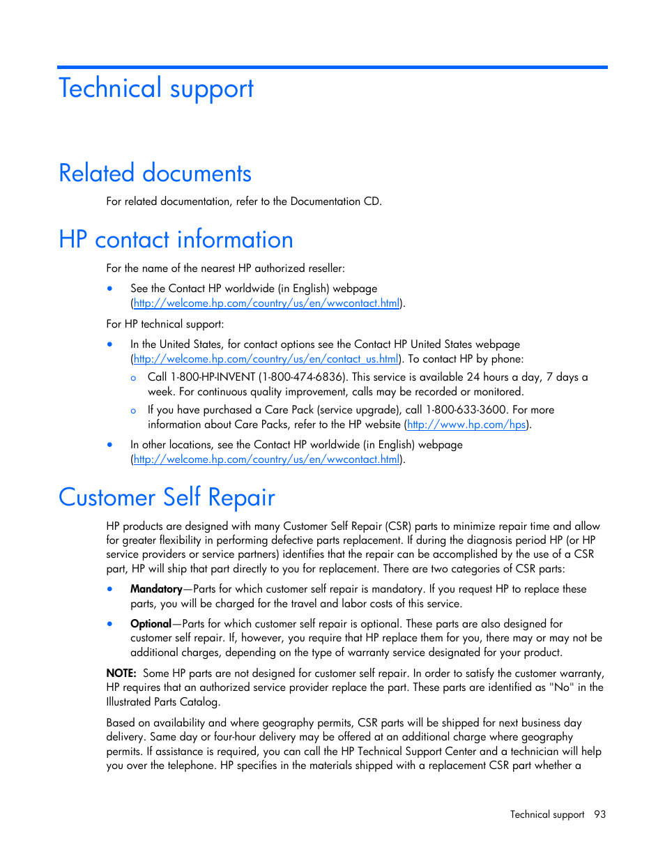 Technical support, Related documents, Hp contact information | Customer self repair | HP ProLiant DL320 G5p Server User Manual | Page 93 / 106