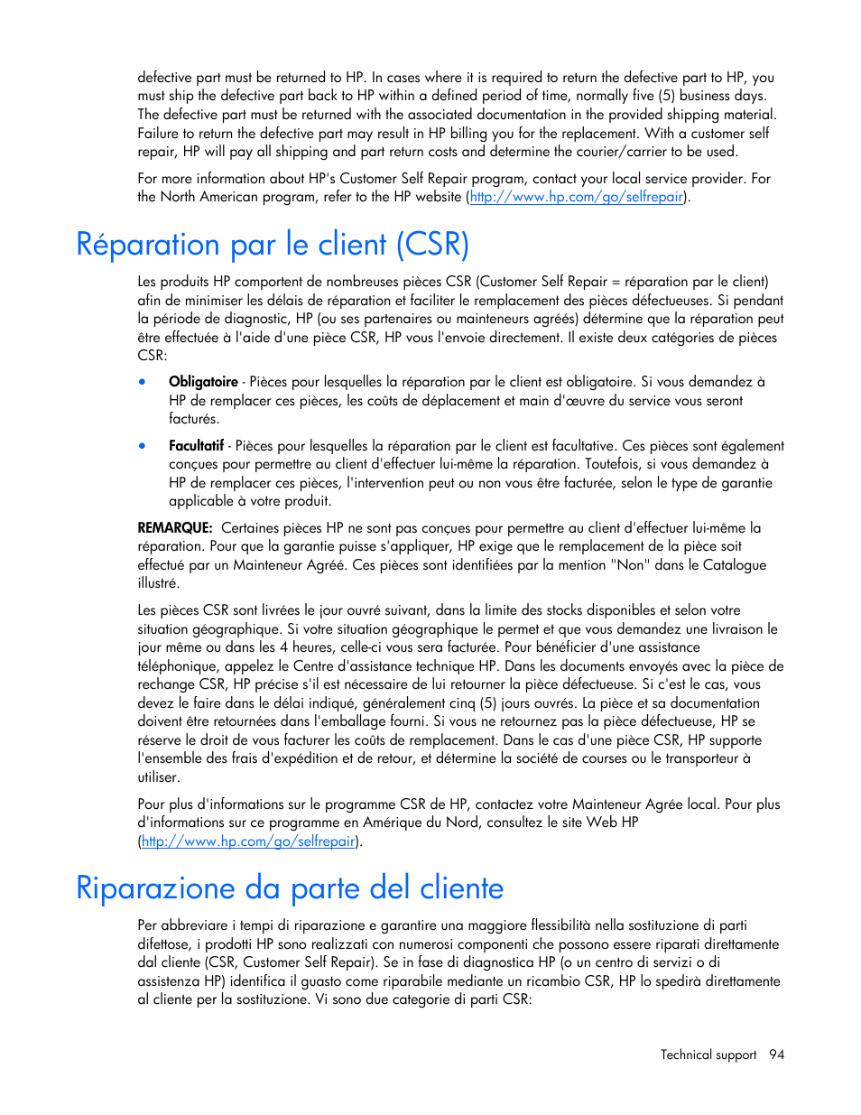 Réparation par le client (csr), Riparazione da parte del cliente | HP ProLiant DL320 G5p Server User Manual | Page 94 / 106