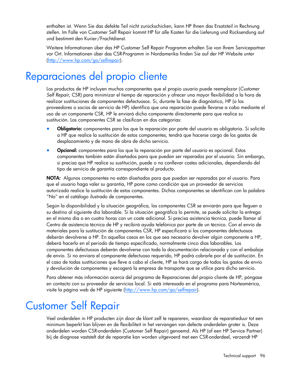 Reparaciones del propio cliente, Customer self repair | HP ProLiant DL320 G5p Server User Manual | Page 96 / 106