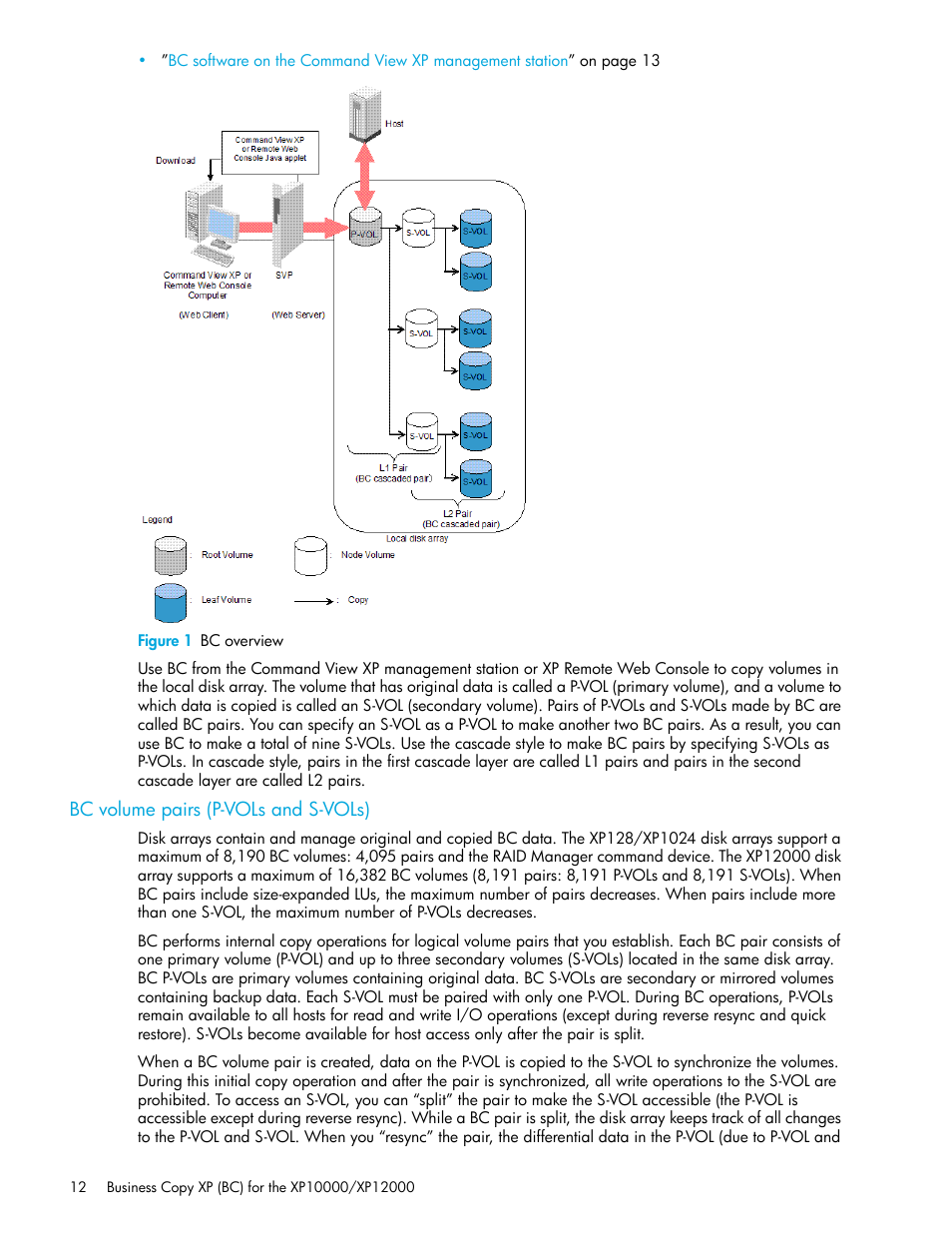 Figure 1 bc overview, Bc volume pairs (p-vols and s-vols), 1 bc overview | Figure 1 | HP XP Business Copy Software User Manual | Page 12 / 92