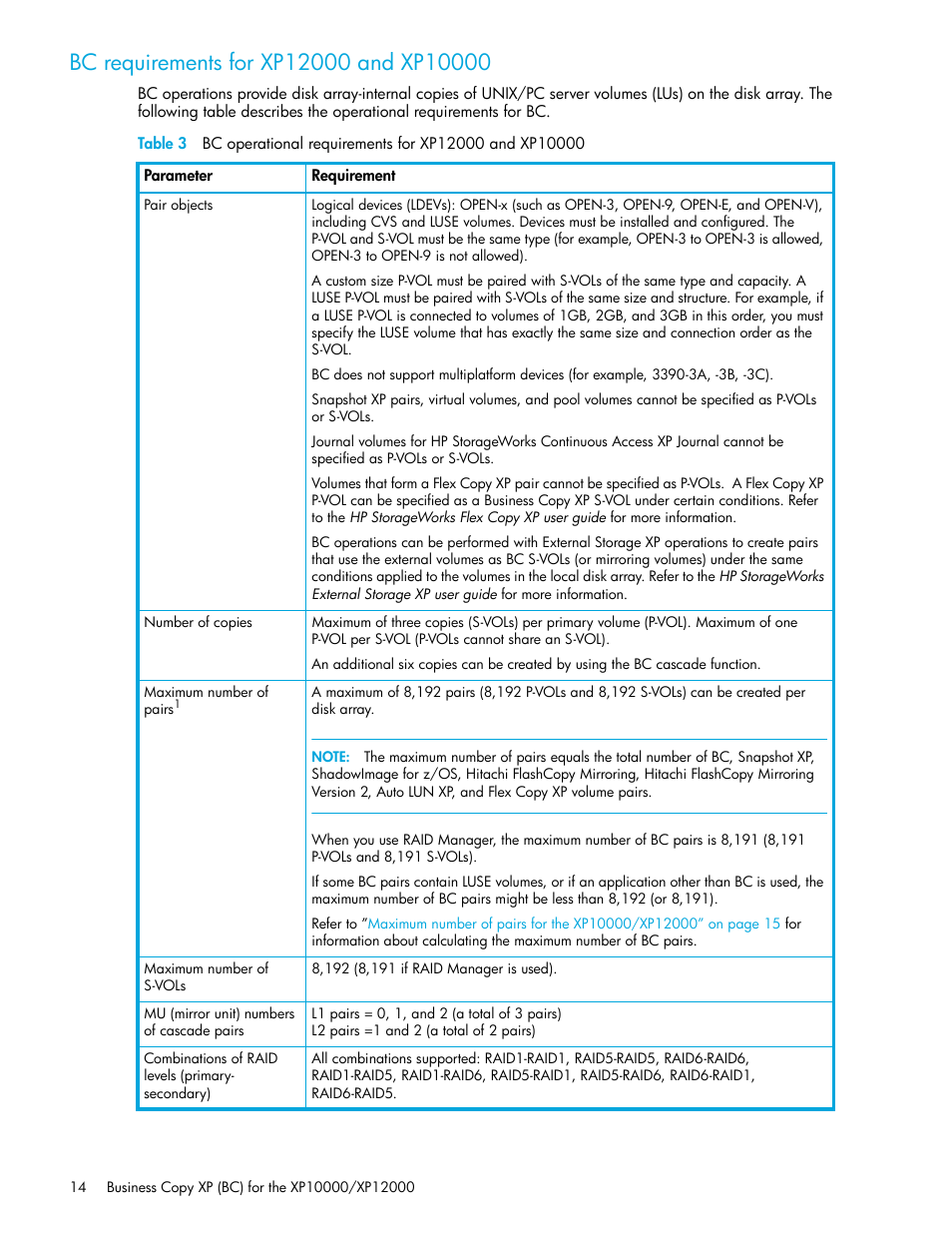 Bc requirements for xp12000 and xp10000 | HP XP Business Copy Software User Manual | Page 14 / 92