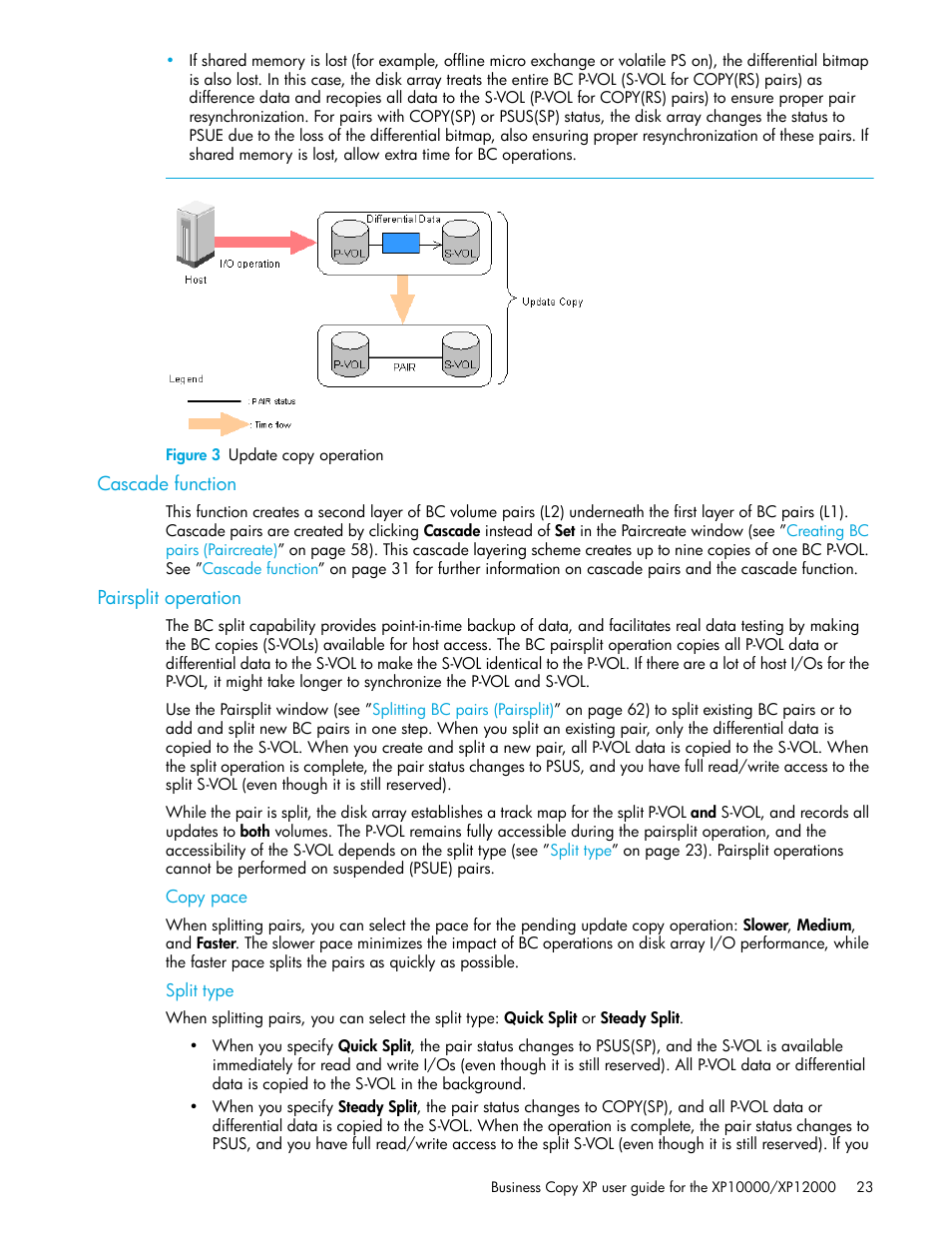 Figure 3 update copy operation, Cascade function, Pairsplit operation | Copy pace, Split type, 3 update copy operation | HP XP Business Copy Software User Manual | Page 23 / 92