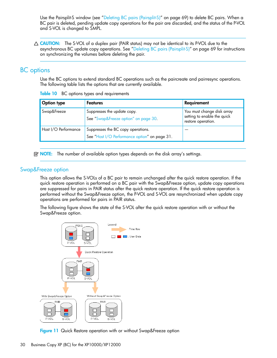 Bc options, Table 10 bc options types and requirements, Swap&freeze option | 10 bc options types and requirements, Swap&freeze option” on | HP XP Business Copy Software User Manual | Page 30 / 92