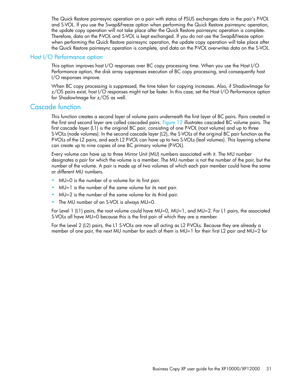 Host i/o performance option, Cascade function | HP XP Business Copy Software User Manual | Page 31 / 92