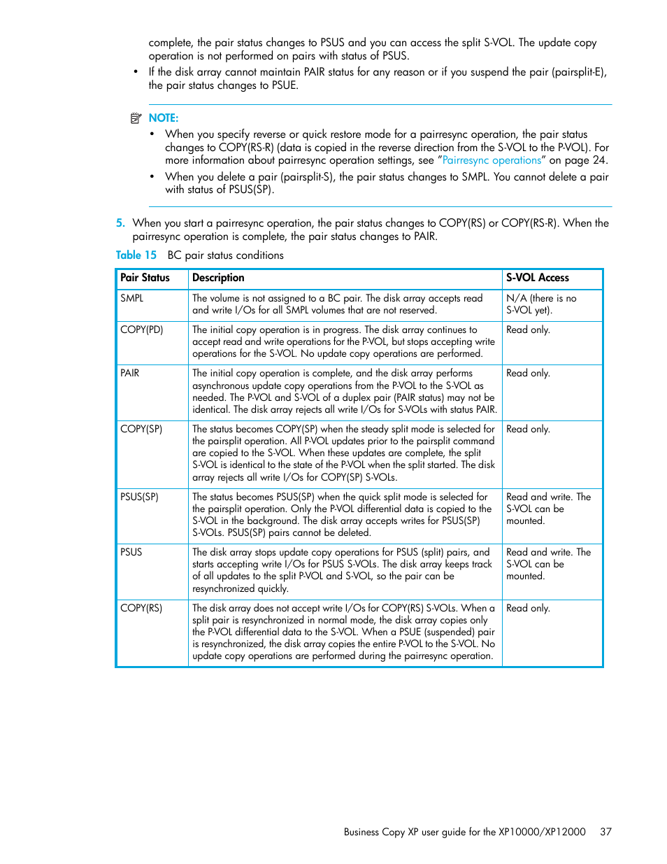 Table 15 bc pair status conditions (continued), 15 bc pair status conditions | HP XP Business Copy Software User Manual | Page 37 / 92