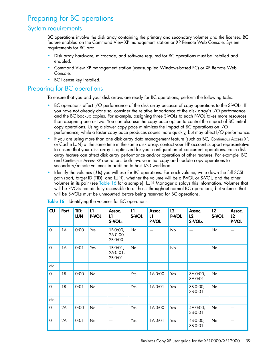 Preparing for bc operations, System requirements, 16 identifying the volumes for bc operations | HP XP Business Copy Software User Manual | Page 39 / 92