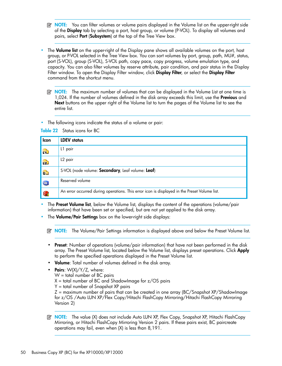 Table 22 status icons for bc, 22 status icons for bc | HP XP Business Copy Software User Manual | Page 50 / 92