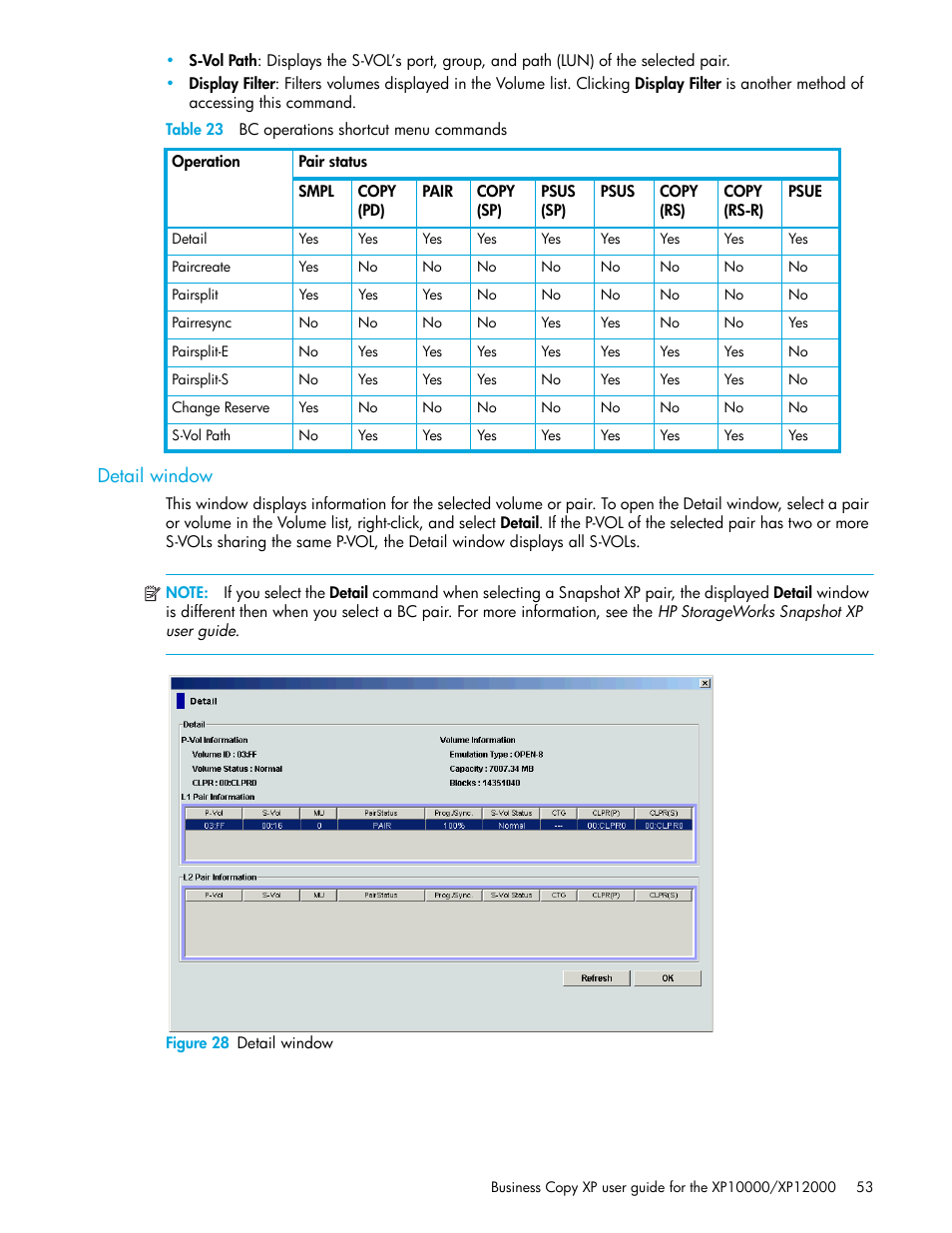 Table 23 bc operations shortcut menu commands, Detail window, Figure 28 detail window | 28 detail window, 23 bc operations shortcut menu commands, Table 23 | HP XP Business Copy Software User Manual | Page 53 / 92