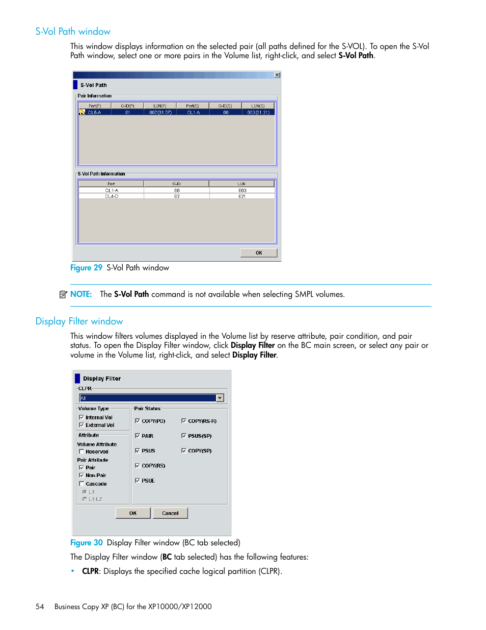 S-vol path window, Figure 29 s-vol path window, Display filter window | Figure 30 display filter window (bc tab selected), 29 s-vol path window, 30 display filter window (bc tab selected) | HP XP Business Copy Software User Manual | Page 54 / 92