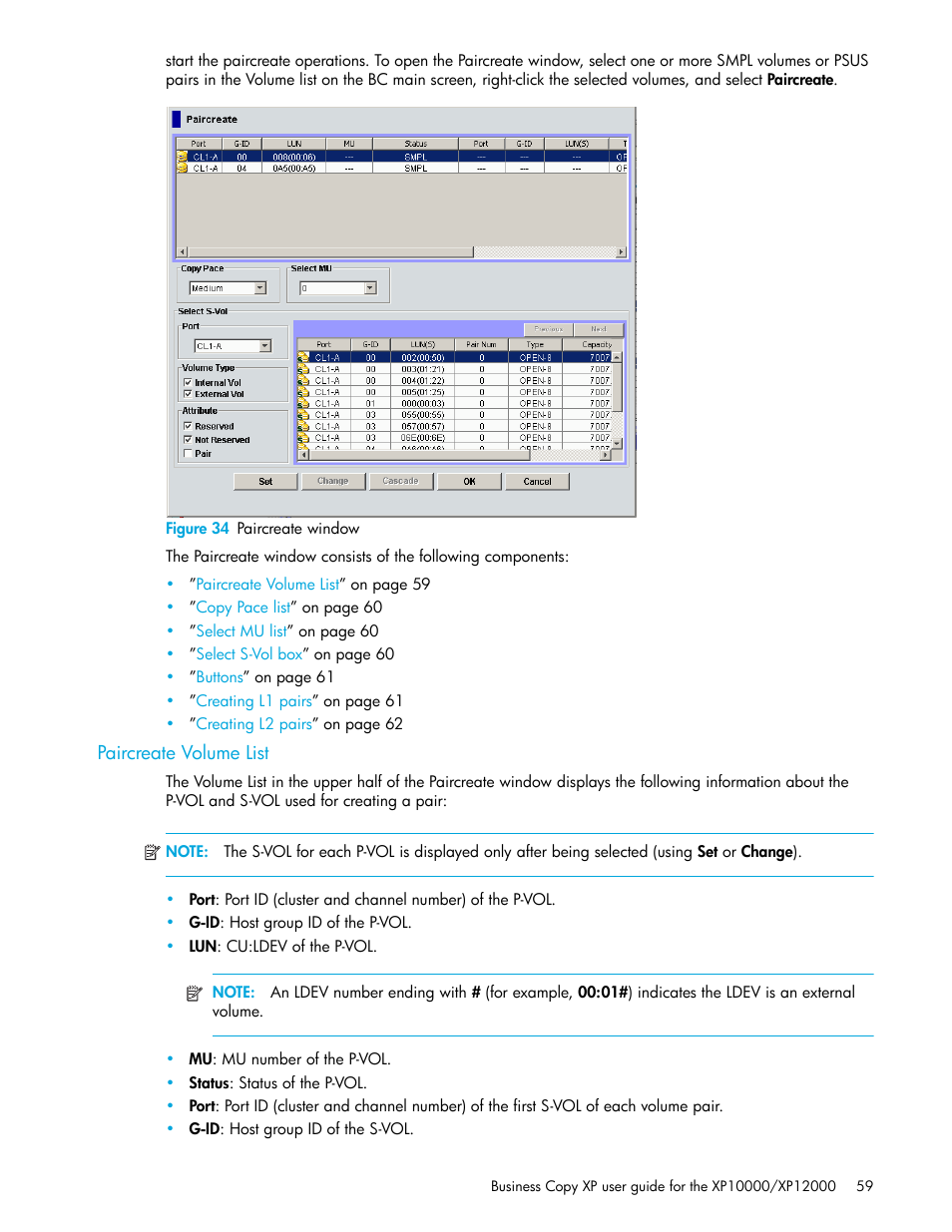 Figure 34 paircreate window, Paircreate volume list, 34 paircreate window | HP XP Business Copy Software User Manual | Page 59 / 92
