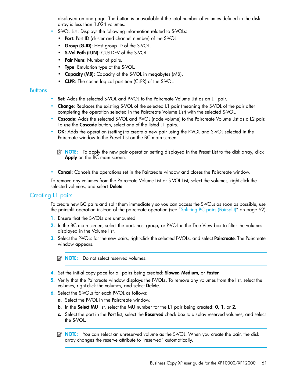 Buttons, Creating l1 pairs | HP XP Business Copy Software User Manual | Page 61 / 92