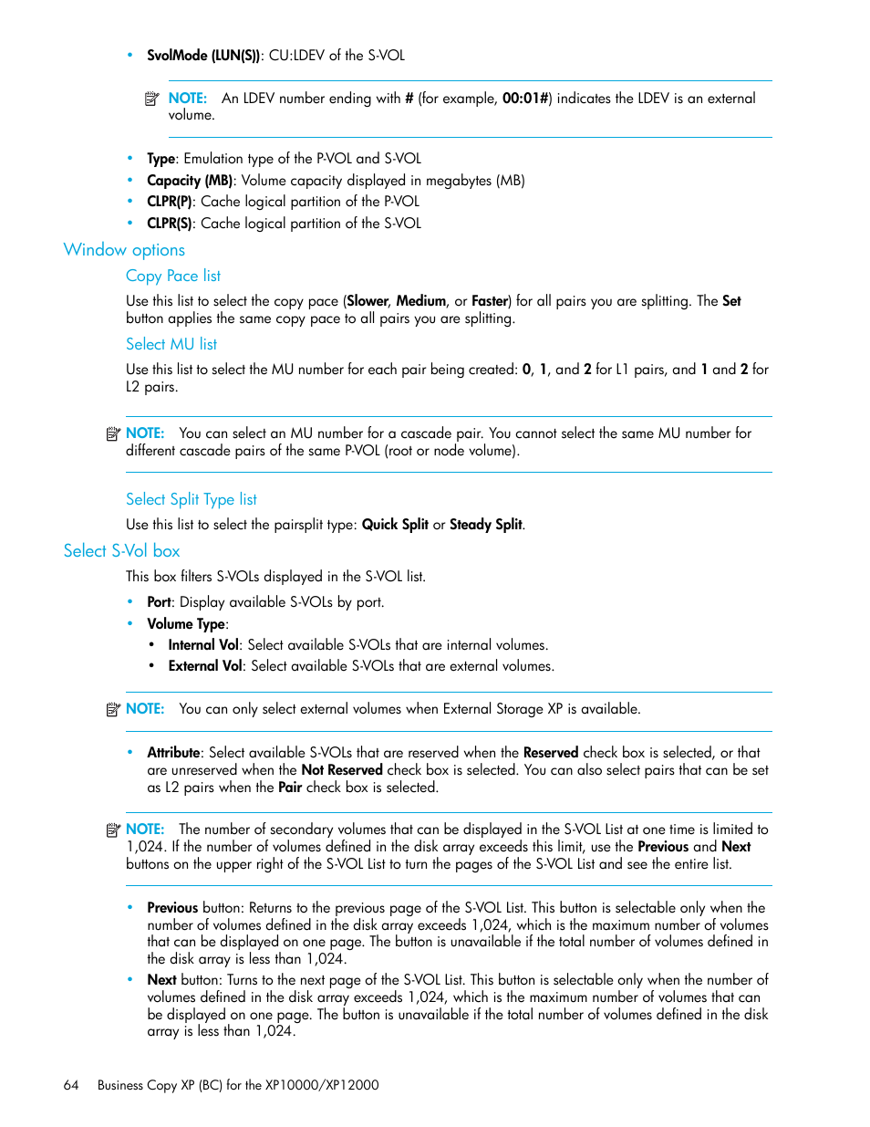Window options, Copy pace list, Select mu list | Select split type list, Select s-vol box | HP XP Business Copy Software User Manual | Page 64 / 92